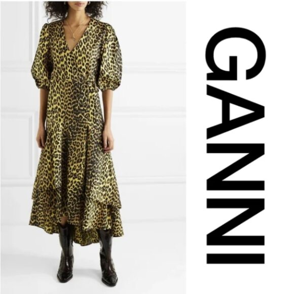 GANNI Bijou Minion Yellow Leopard Animal Print Cotton V-Neck Maxi Wrap Dress - Picture 1 of 16